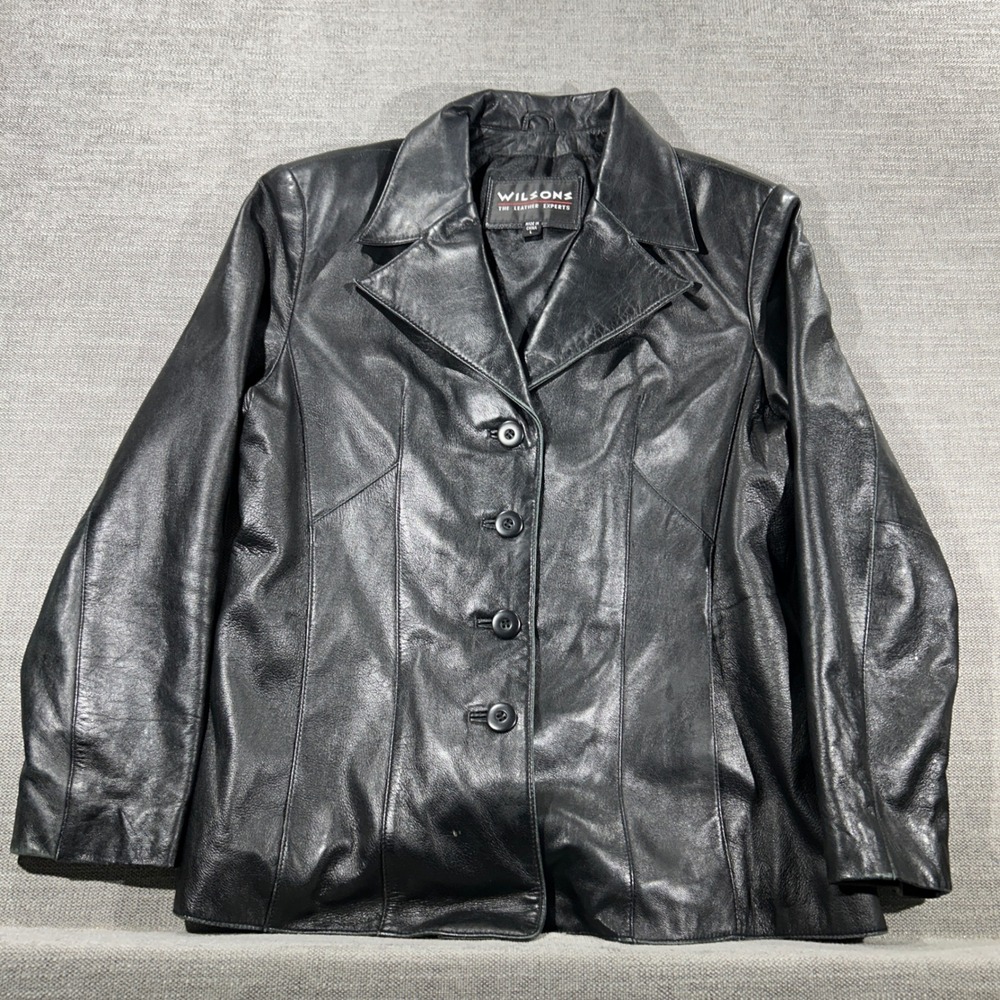 Wilsons Leather Blazer Jacket Womens Large Black Excellent Button Front Solid